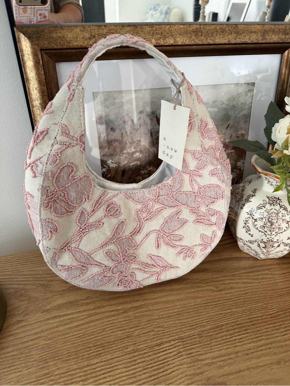 a new day Cream Hobo Bag with Pink Beaded Floral Embroidery